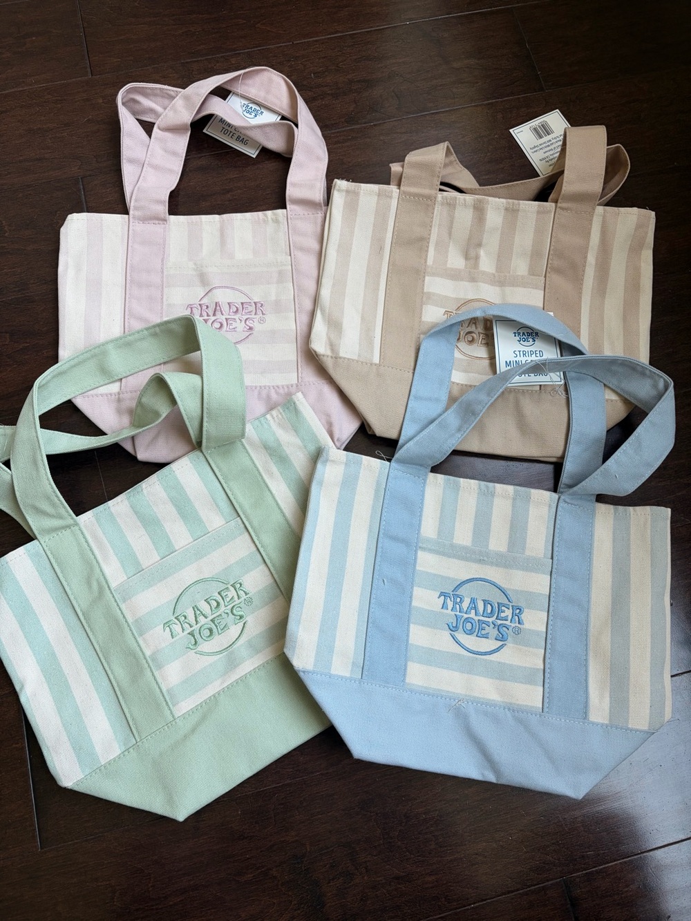 4 Pieces Set NEW 2026 Edition Trader Joe's Mini Tote Canvas Bags Pastel Striped - Picture 3 of 11